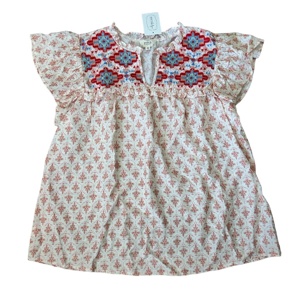 NWT 3XL Perch by Blu Pepper Birch Boutique Embroidered Geometric Print Blouse